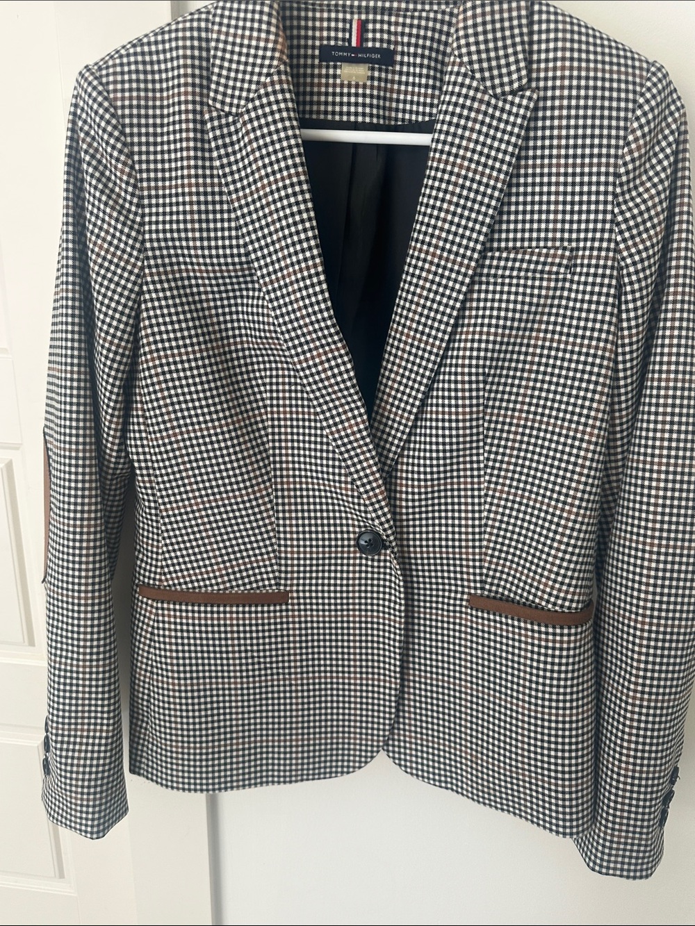 Tommy Hilfiger Black, Brown & White Glen Plaid Blazer with Faux Suede Trim